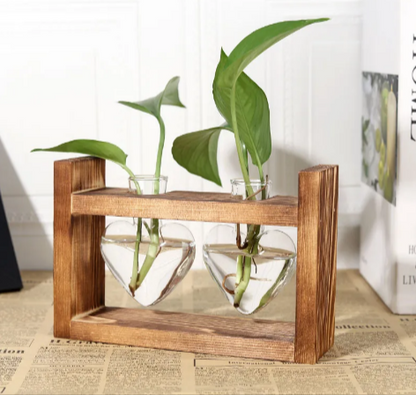 Heart-Shaped Glass Vase with Wooden Stand