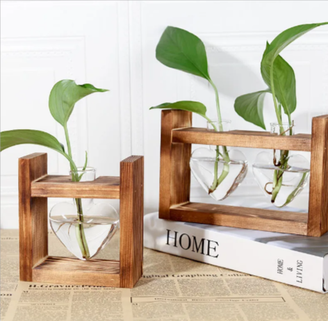 Heart-Shaped Glass Vase with Wooden Stand